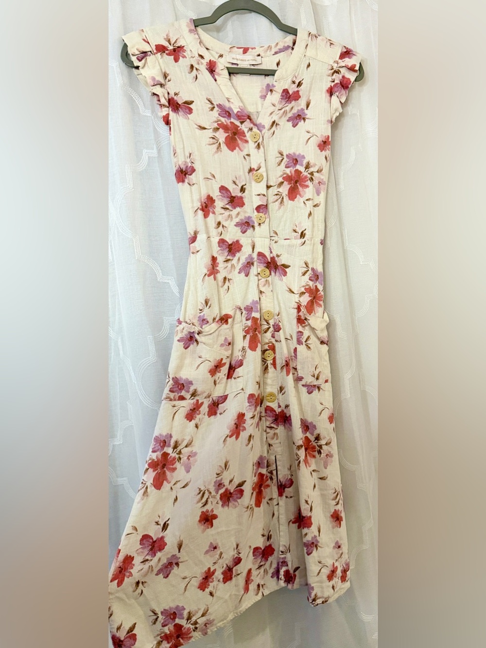Monteau Cream Floral Midi Dress Medium Cottagecore Button Front Dress - Picture 3 of 16